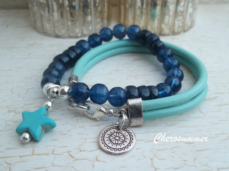 Armband Set Leder Glas Mint Blau Bild 3