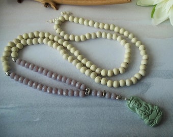 Boho, Hippie Wooden Bead Necklace Glass Buddha Lavender Colors