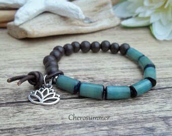 Wooden bead bracelet Buri Lotus turquoise