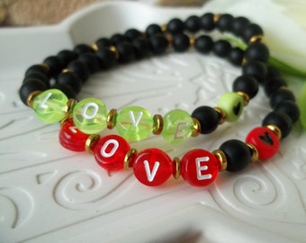 Personalized Bracelet Name Glass Black Red or Green with Heart