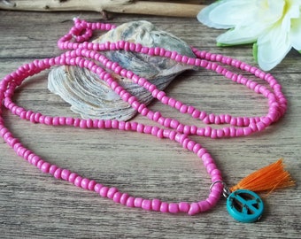 Cute Boho Necklace Pink with Peace Sign and Tassel