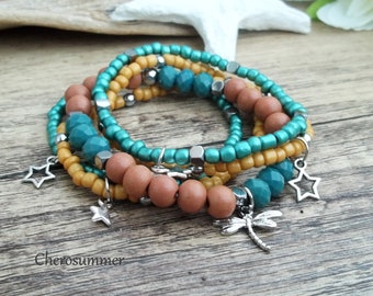 5-row bracelet set star turquoise mustard yellow