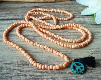 Süße Boho Kette Orange mit Peace-Zeichen und Quaste