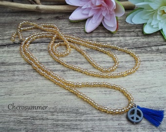 Süße Boho Kette Topasfarben mit Peace-Zeichen und Quaste