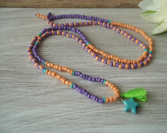 Süße Boho Kette Lila Orange mit Peace-Zeichen und Quaste