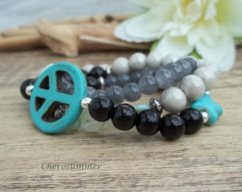 Wrap Bracelet Peace Sign Star Black Grey Turquoise