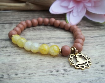 Yoga Armband aus Holz- und Glasperlen mit Buddha Anhänger Braun Gelb