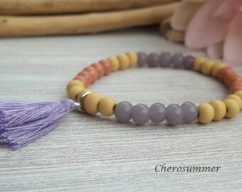 Summer bracelet wood Glass tassel Purple