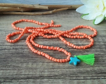 Sweet Boho Necklace Coral Orange with Star and Tassel