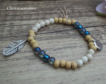 Boho Ethno Armband Blau Cremefarben