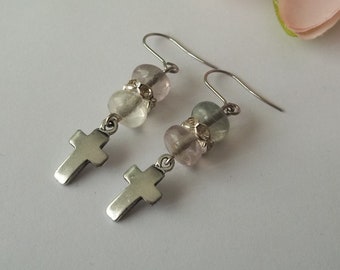 Gemstone Earrings Fluorite Rhinestone Cross