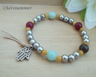 Gemstone Bracelet Hematite Jade Amazonite Aragonite Hamsa Yoga Boho