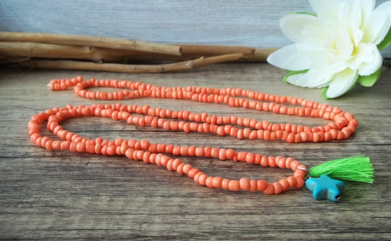 Süße Boho Kette Coral Orange mit Stern und Quaste Bild 10