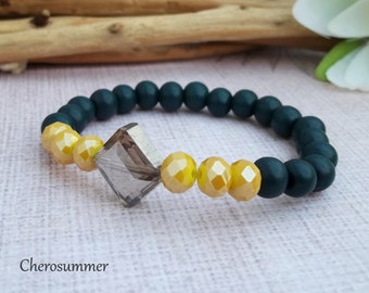 Elegantes Holzperlen Armband mit Glasperlen Kristall Raute Petrol Senfgelb