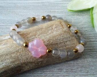 Edelstein Armband Achat Rosenquarz mit Glas Kleeblatt