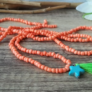 Süße Boho Kette Coral Orange mit Stern und Quaste Bild 4