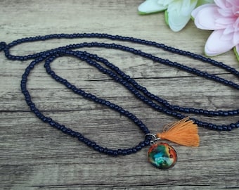 Süße Boho Kette Dunkelblau mit Buddha - Anhäner und Quaste Hippie