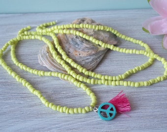 Cute Boho Necklace Neon Yellow with Peace Sign and Tassel