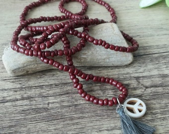Cute Boho Necklace Dark Red with Peace Sign and Tassel