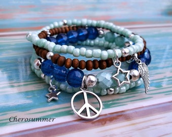 4er Set Armband Glas und Holz in blau mint