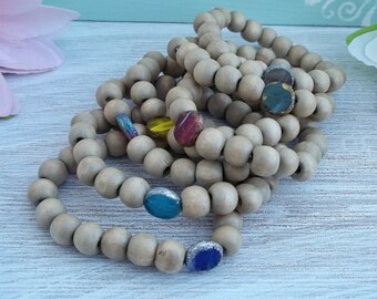 Boho Holzperlenarmband Glas schlicht
