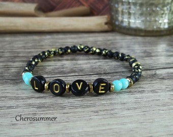 Personalisiertes Armband Name Glas Schwarz Gold Mint