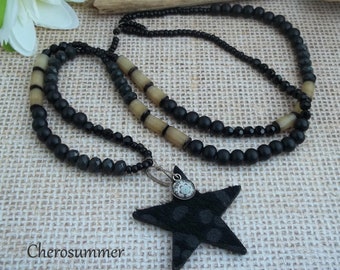 Kette Stern Holzperlen Burisamen Mandala Boho Schwarz