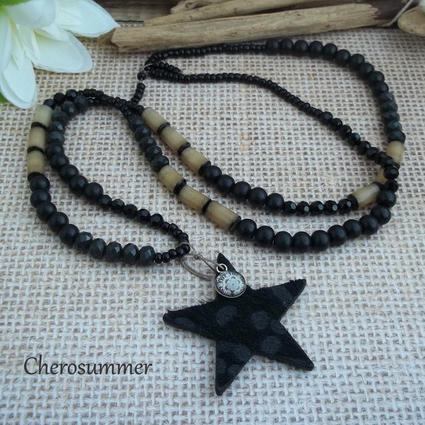 Kette Stern Holzperlen Burisamen Mandala Boho Schwarz