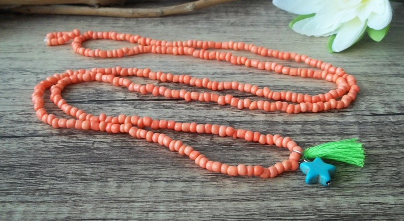 Süße Boho Kette Coral Orange mit Stern und Quaste Bild 8