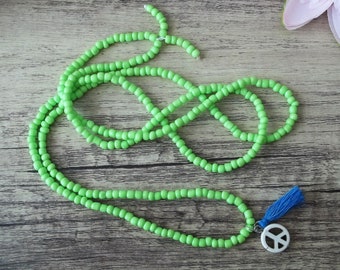 Cute Boho Necklace Neon Green with Peace Sign and Tassel