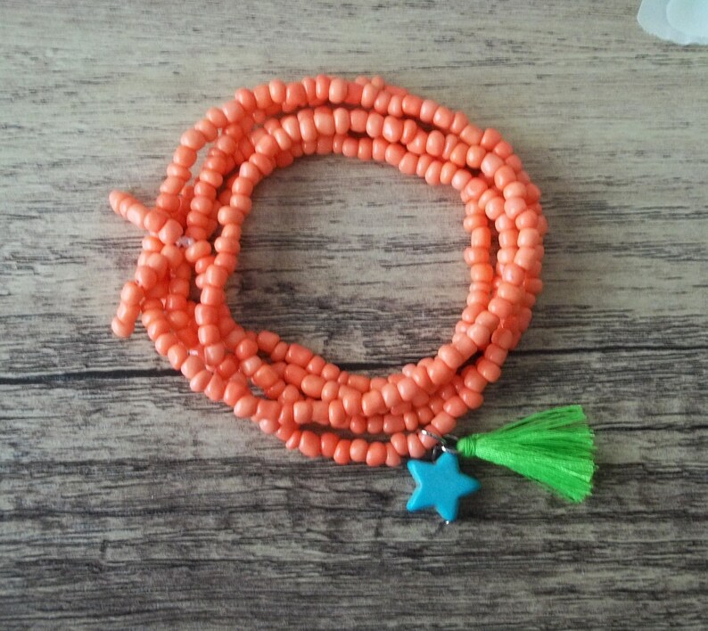 Süße Boho Kette Coral Orange mit Stern und Quaste Bild 7