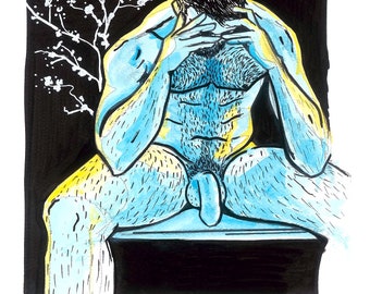 Muscoli maschili e peli del corpo - Illustrazione d'arte nuda - Stampa Giclée A3 - Disegno di figura - Qualità d'archivio - Emozione e mascolinità esplorate