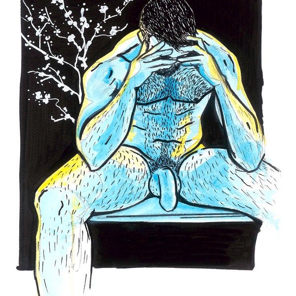 Male Muscle & body hair - Nude art illustration -  A3 Giclée Print - Figure Drawing - Archival Quality - Emotion and Masculinity Explored