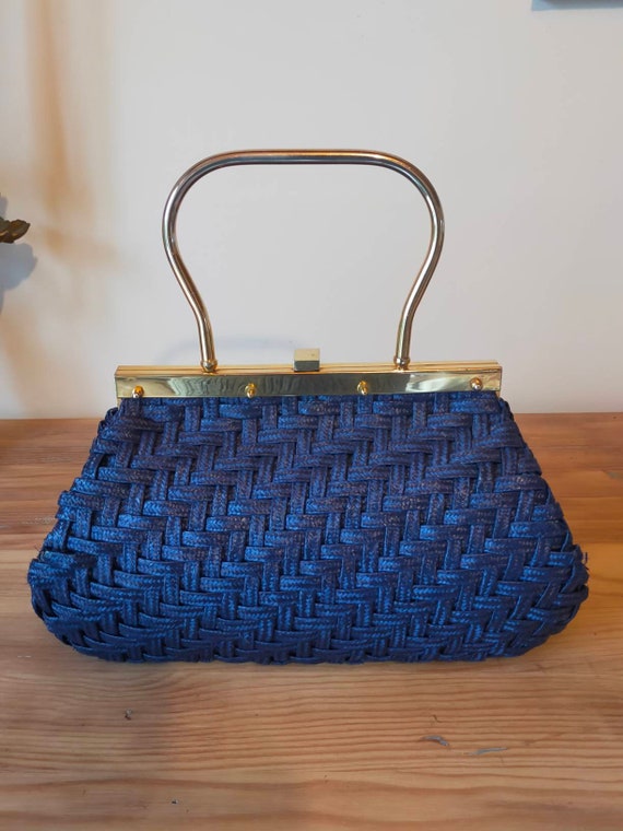 Vintage French handbag 60's in blue braided straw - image 1