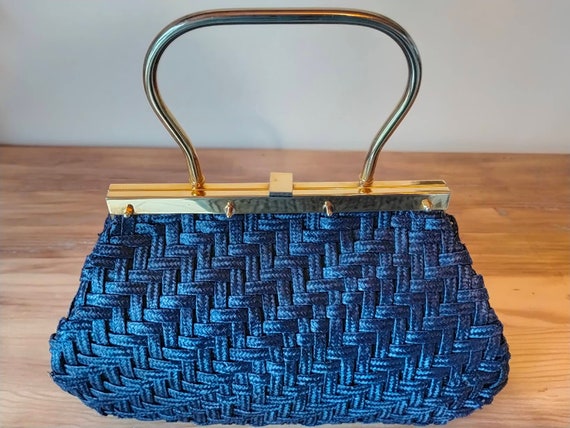 Vintage French handbag 60's in blue braided straw - image 7