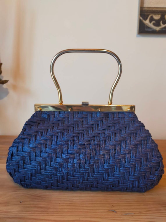 Vintage French handbag 60's in blue braided straw - image 3