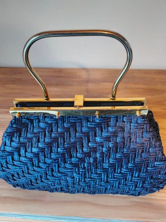 Vintage French handbag 60's in blue braided straw - image 5