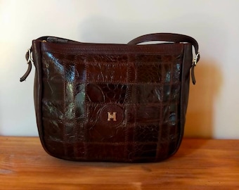 Vintage 70's bag in genuine leather patchwork POURCHET.
