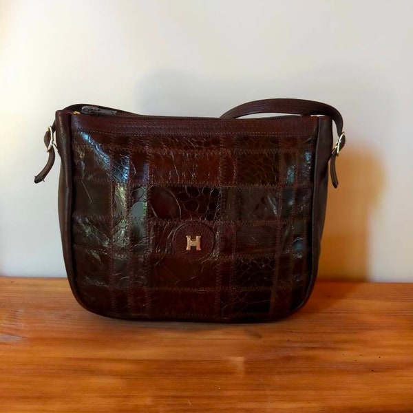 Sac vintage 70's en patchwork de cuir veritable POURCHET.