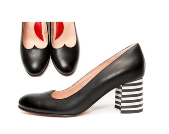 Black block heels, Women's mid heel pumps, Gift for her, Handmade elegant pumps, heart shape cut, court shoes, party shoes, stripes