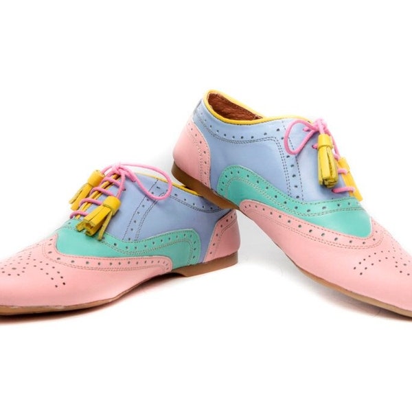 Handgemaakte leren Oxford schoenen voor dames, Blauwe bruidsflats, Leuke balletflats, Roze schoenen, Mint schoenen, Blauwe trouwschoenen