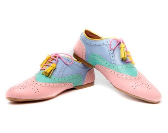 Handmade leather Oxford shoes for women, Blue bridal flats, Cute ballet flats,Pink shoes, Mint shoes, Blue wedding shoes