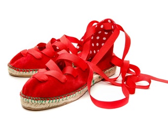 Red handmade leather espadrilles with ties