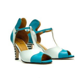 Blue Peep toe sandals/ High heel bridal sandals/ White and blue wedding shoes/ Handmade sandals/ T-bar strap wedding sandals/ Women&#39;s shoes