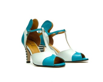 Blue Peep toe sandals/ High heel bridal sandals/ White and blue wedding shoes/ Handmade sandals/ T-bar strap wedding sandals/ Women's shoes