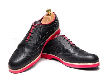 Black Men's Oxford leather shoes/ Handmade custom order Oxford shoes/ Perforated shoes/ Red sole shoes/ Flat shoes/ Comfortable shoes