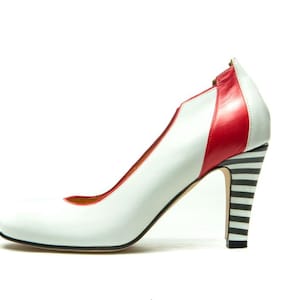 White leather wedding shoes/ Handmade Women&#39;s shoes/ White bridal shoes/ Leather pumps/ Stripes/ High heels/ Party shoes/ FREE SHIPPING