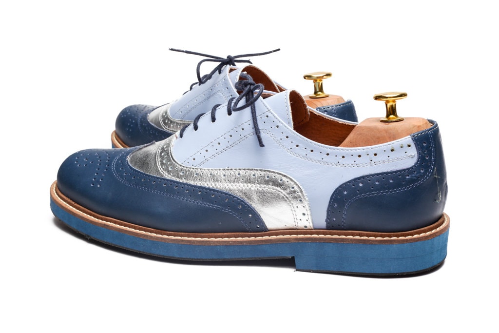 Blue and Silver Leather Oxford Shoes/ Men's Oxford Shoes