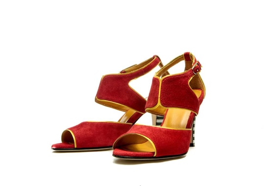 Red Handmade High Heel Strappy Sandals Ankle Strap Sandals Open