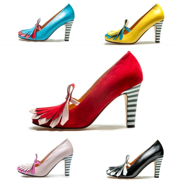 Red tassle finge leather high heel shoes/ Handmade women's shoes/ Unique Wedding shoes/ Black shoes/ Blue shoes/ Yellow shoes